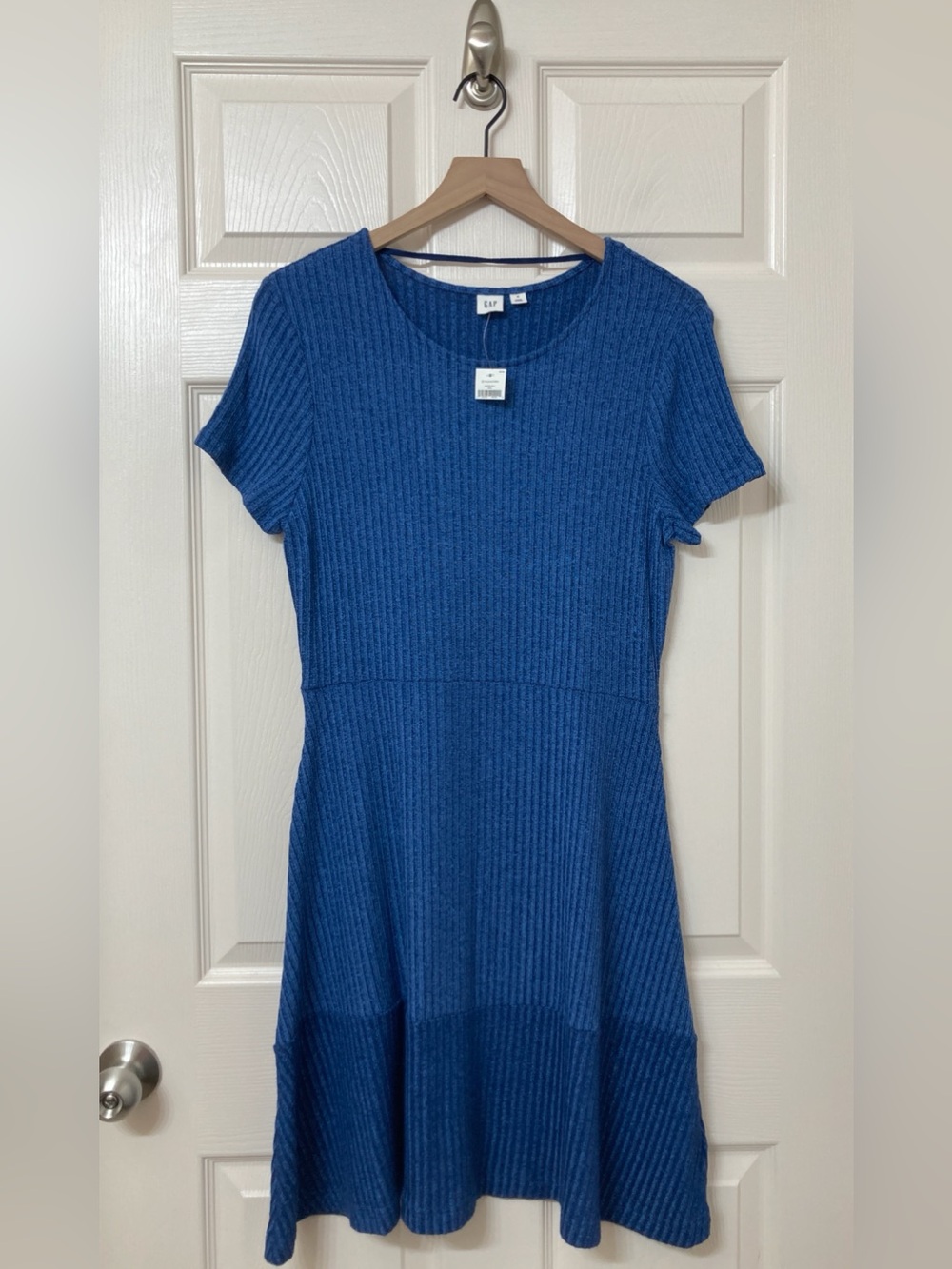 NEW Gap Blue Softspun Jersey Rib Knit Short Sleeve A-line Dress Medium Coastal